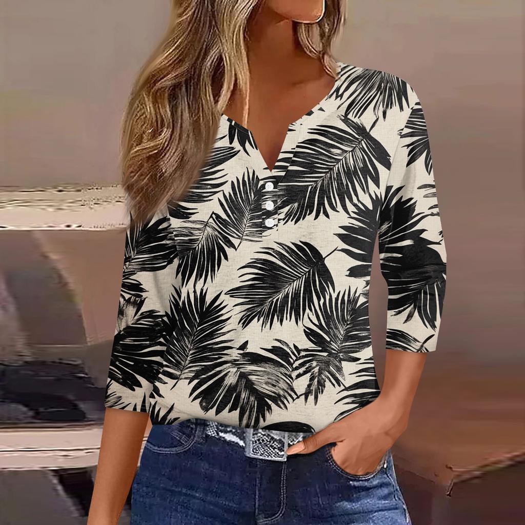 Damska koszulka z nadrukiem na guziki, rękaw 3/4, codzienna, weekendowa, modna, podstawowa, dekolt w serek, regularny top