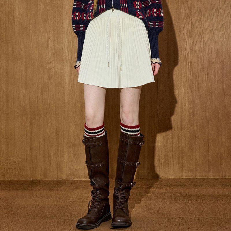Coolhut Lace-Up Elastic Waist Slimming Knitted Pleated High-Waisted Preppy Style 2026 Winter Half Skirt