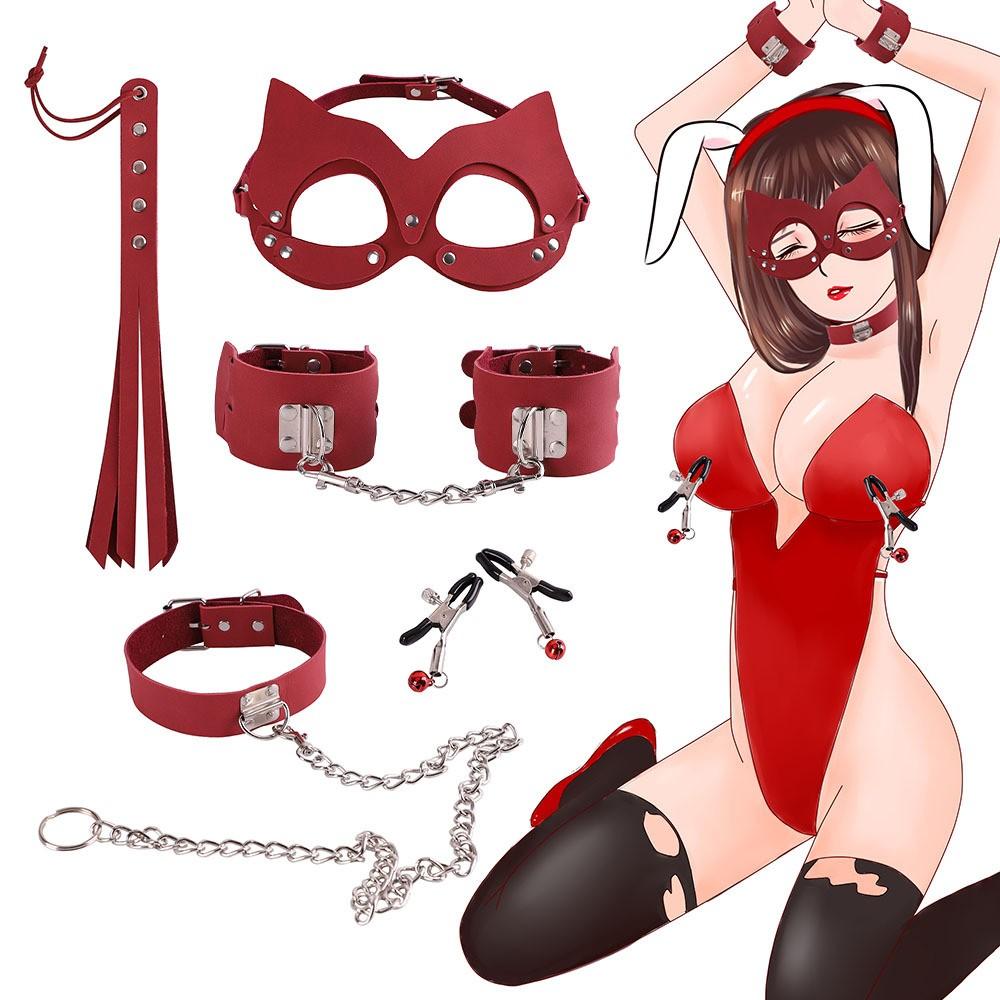 VaHppy Sexuální hračky pro páry 5ks/sada Pu Bondage Ladylike Style Eye Mask Pouta Obojek Sponky na prsa Bič Flirtování