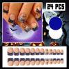24 Stück Halloween Französische Spitze Aufstecknägel Kurz Quadratisch Blau Spinnennetz Falsche Nägel mit Spinnen-Design Glitzer Blau Falsche Nägel Vollabdeckung Süß Glänzend