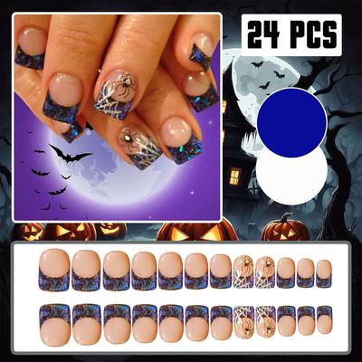 24ks Halloweenské francouzské nalepovací nehty Krátké čtvercové Modré pavučinové umělé nehty s designem pavouka Třpytivé modré falešné nehty Plné krytí Roztomilé lesklé