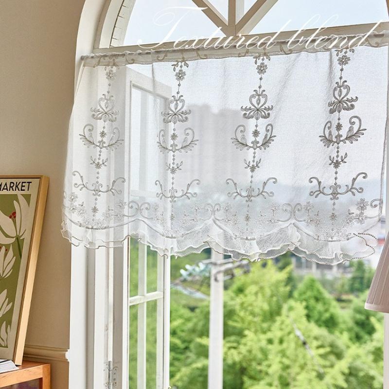 French Style Ruffled Lace Short Curtains Luxurious Embroidered Chiffon Fabric Curtains No Drilling Required Suitable for Home Doors Windows, and Cafes
