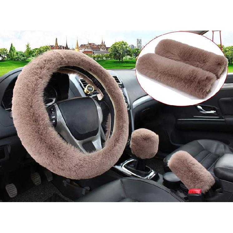 Pinbola 5Pcs In 1 Set Faux Wool Steering Wheel Cover Soft Fluffy Handbrake Cover & Gear Shift Cover & 2Pcs Seat Belt Shoulder Pads Warm Universal Fit