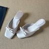 Bow flat silver wedge heels slippers girls school slippers new one-word satin square head summer