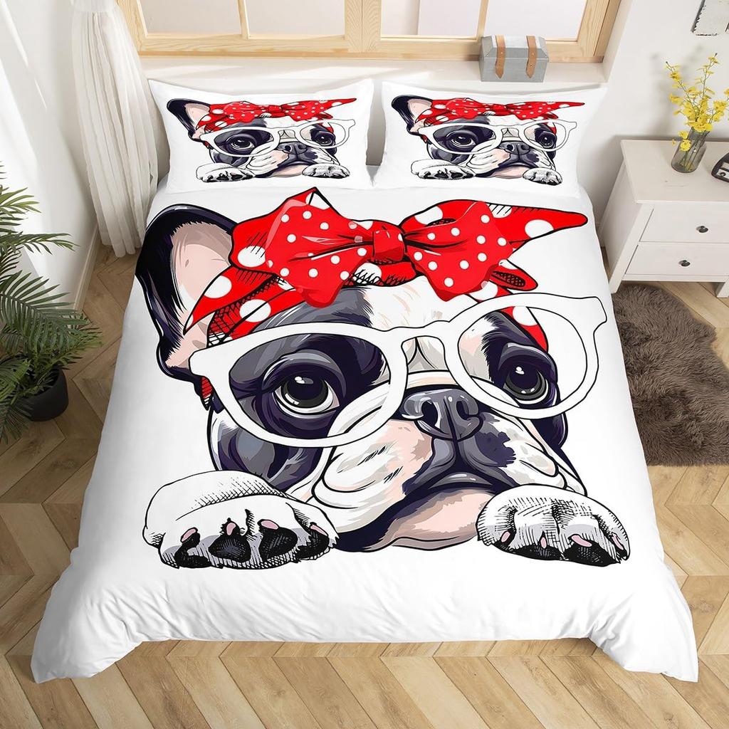 Puppy Dog Duvet Cover Full Queen Size Kawaii Pug Comforter Cover Love Heart Print Bedspread Cover Cute Pet Black Bedding Set
