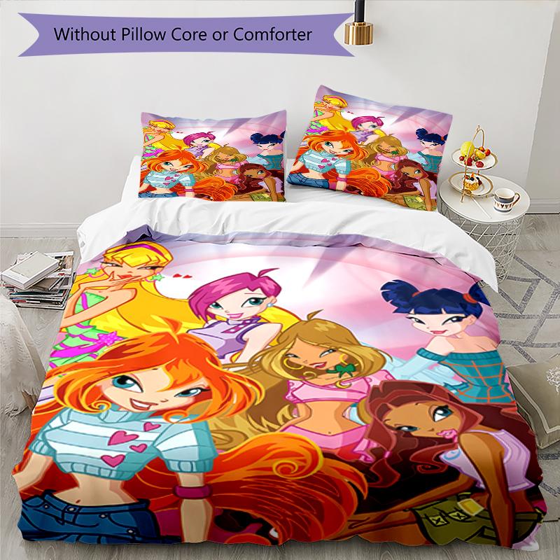 3pcs Winx Club Bedding Set Duvet Cover Closure Includes 1 Duvet Cover & 2 Pillowcases, Soft and Comfortable for All Seasons.