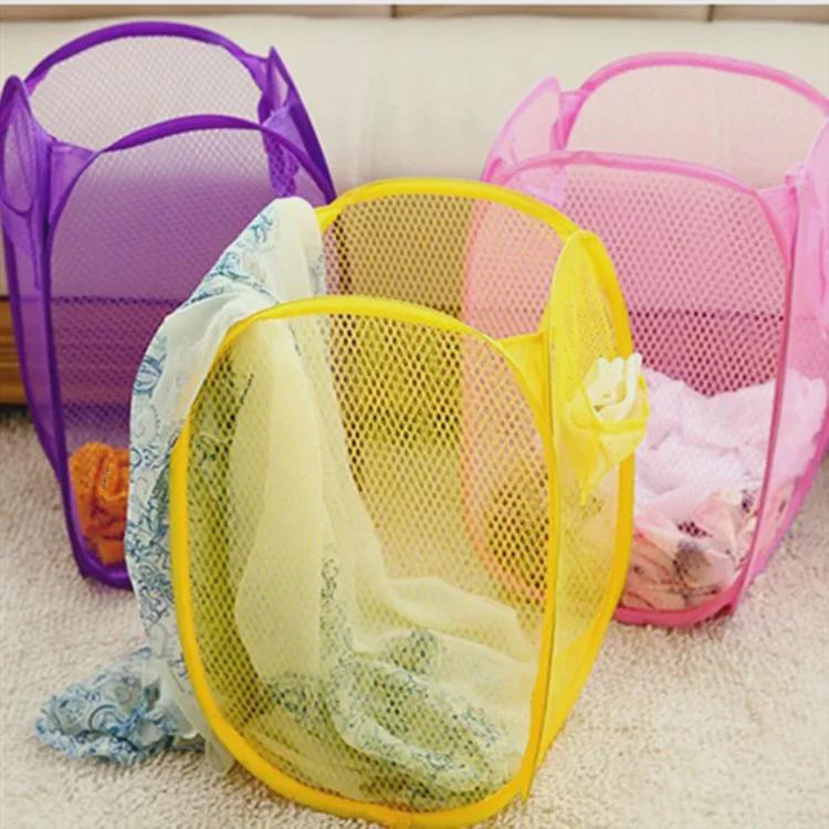 Sturdy Steel Frame Foldable Nylon Mesh Laundry Basket - Gold