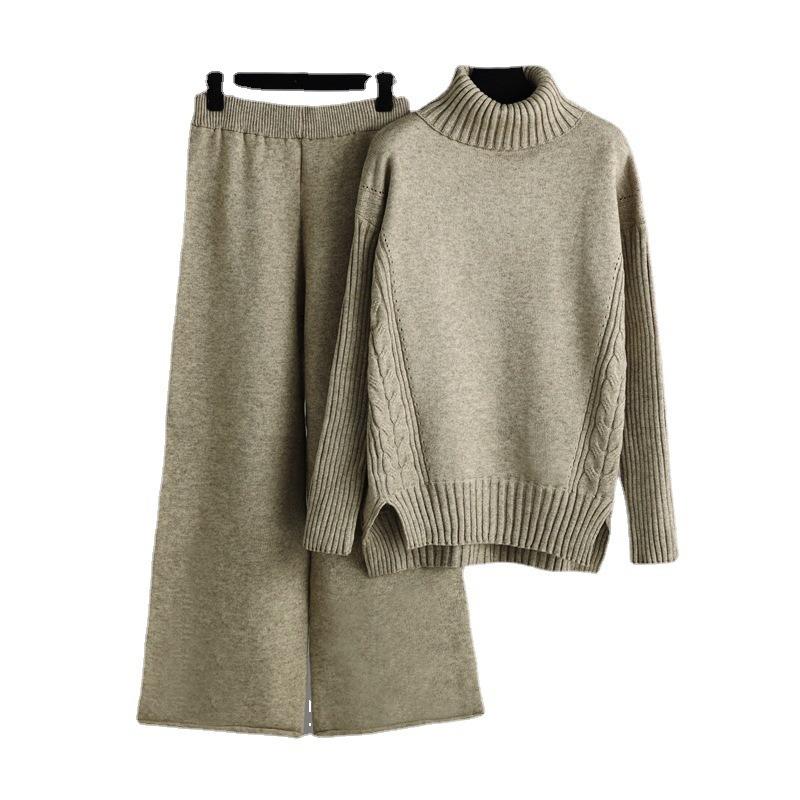 Autumn and winter new lazy style loose turtleneck sweater set women's fashionable wide-leg pants two-piece set women's