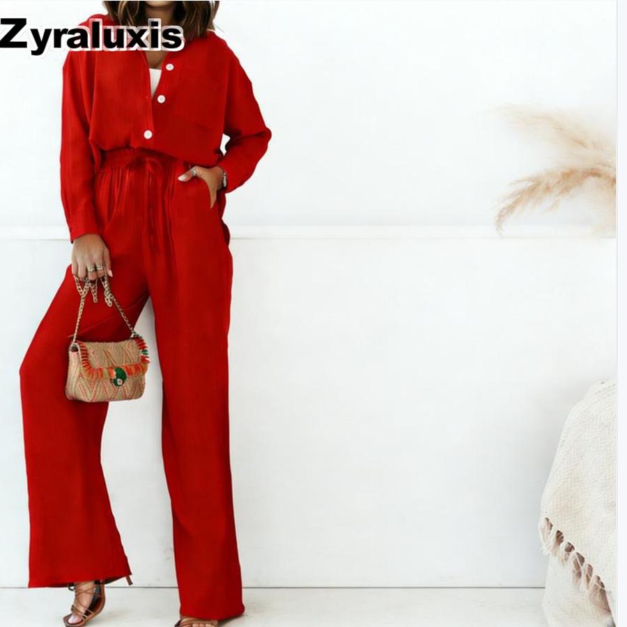 Loose Fashion Long Sleeve Shirt Wide Leg Pants Casual Pure Color Women's Set Old Money Style