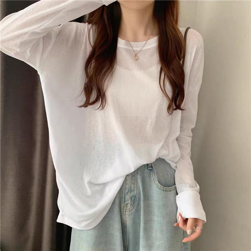 Summer Solid Long Sleeve T-shirts Women's Casual Loose Thin Slightly Transparent Sun Protection Cover Tops Tees Female