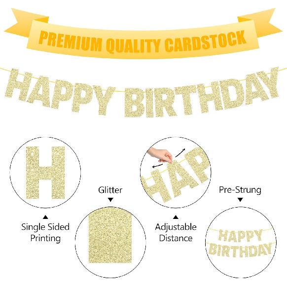 Pre-Strung Happy Birthday Banner - NO DIY - Glitter Gold Birthday Party Decorations for Women Men Kids