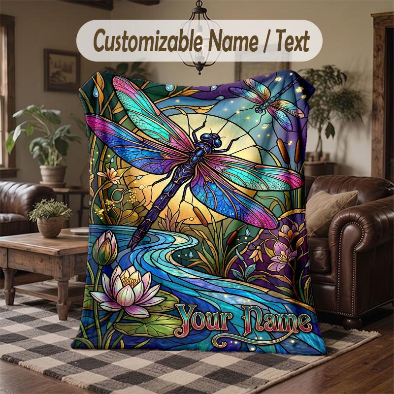 Dragonfly Garden Dream Theme Throw Blanket Custom Name Text Personalized Blanket Soft Cozy Blanket for Home Sofa Bed