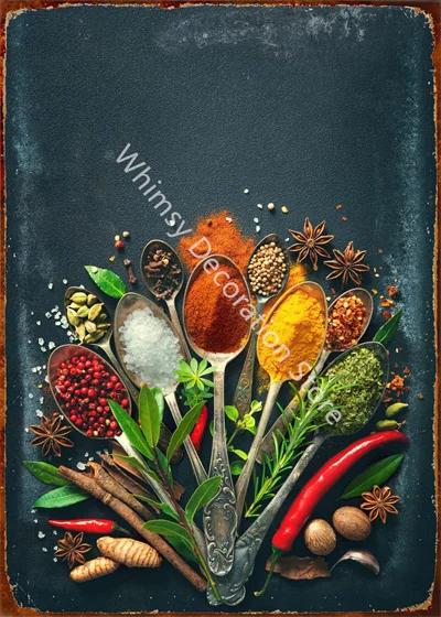 Kitchen Themed Wall Art Decor Colorful Spice and Spoon In Table Metal Tin Sign Food Cooking Ingredients Metal Art Print Decor