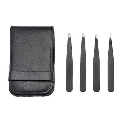Basic Professional Stainless Steel Tweezers for Facial Hair, Eyelashes, Eyebrows, and Ingrown Hairs, Black, Set of 4 (Formerly Commercial Brand) with