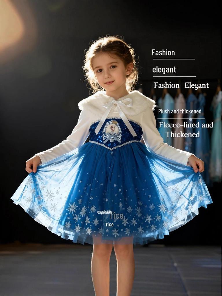 Glitzerndes leuchtendes Elsa Prinzessinnenkleid für Mädchen - Beflockter Herbst-/Winter-Halloween-Stil