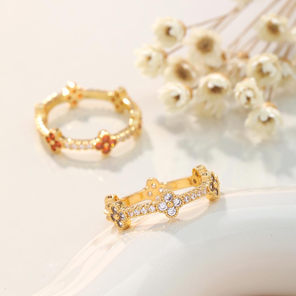 Kinitial High Quality Simple And Fashionable Korean Crystal Zircon Fower Women's Ring Golden-Plated Copper Ring Wholesale