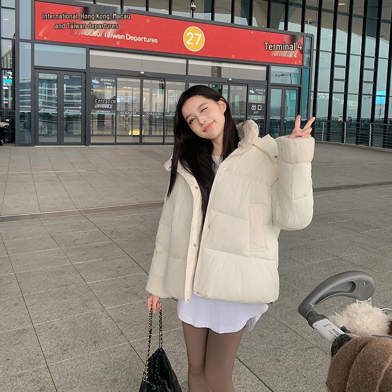 2024 Women's Winter Patchwork Cotton Jacket with Lambswool Cuffs - Short European Style