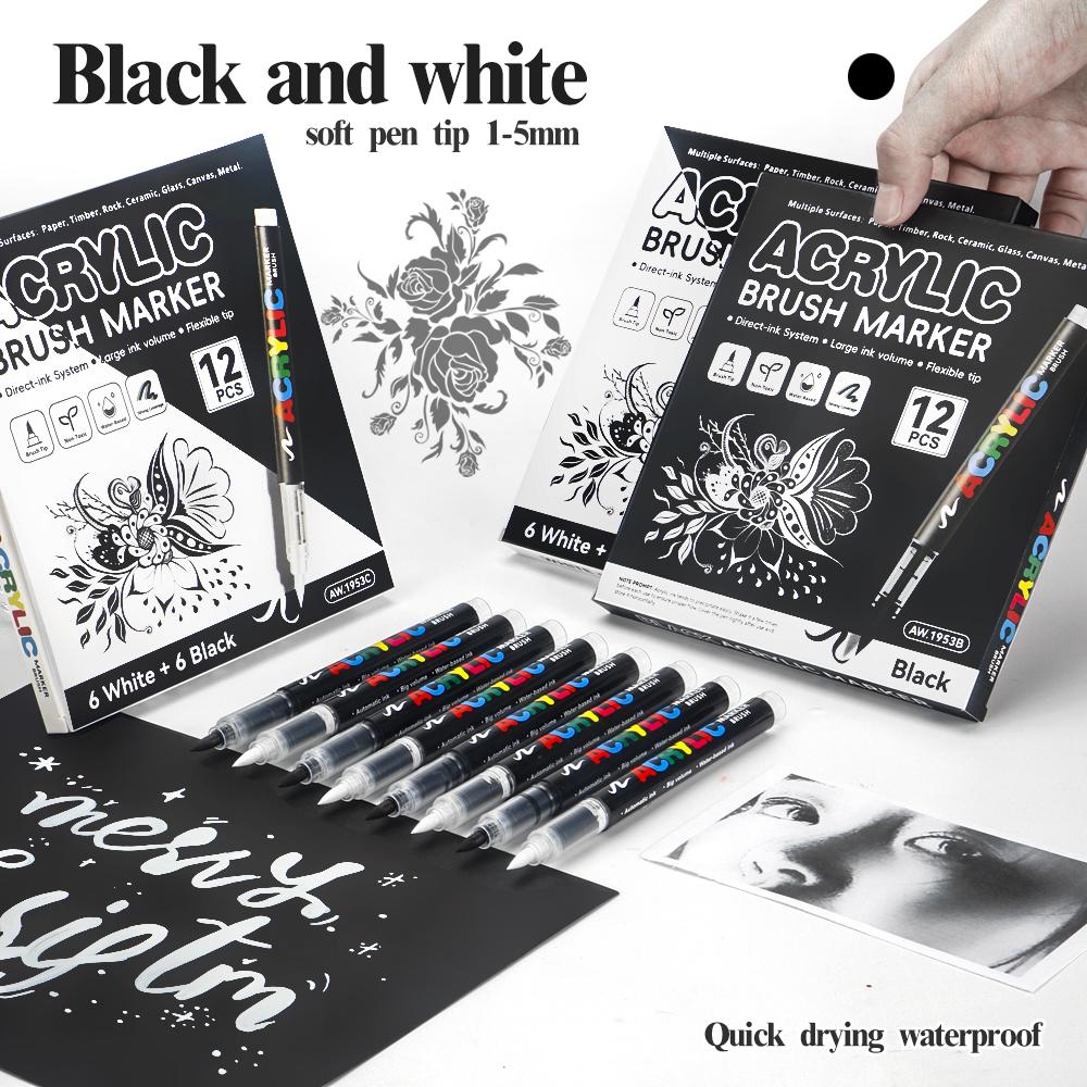 ART WALKER AW.1953 Direct Liquid Art Brush Marker Soft Tip White&Black Acrylic Pen Journaling Drawing DIY Album Black Card