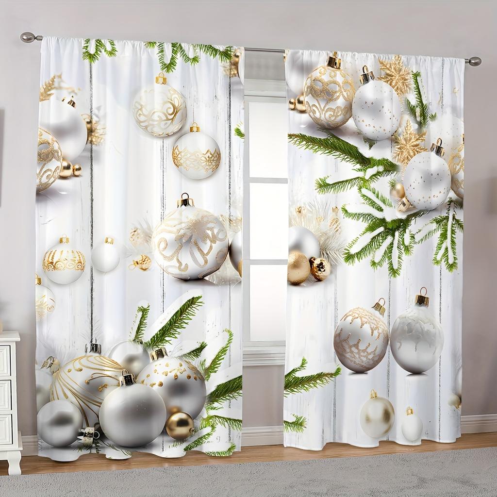2pcs Elegant White and Golden Christmas Curtains with Snowmen & Trees - Rod Pocket Design Polyester for Living Room Decor