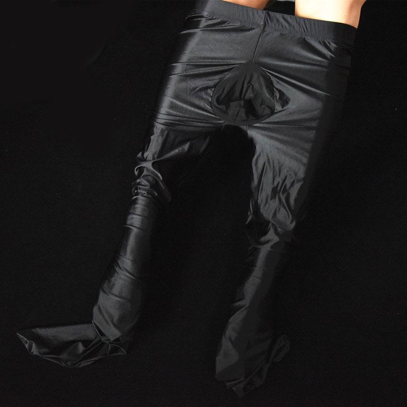 Sexy Men Cockring U Convex Pouch Stockings Open Close Sleeve Tight Stockings Sheer Shiny Glossy Pantyhose Tights Candy Color F32