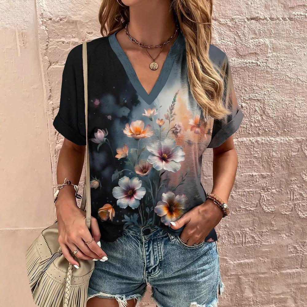 Summer Women's T-shirt V-neck Short-sleeved Floral Graphic Printing Outdoor T-shirt Women's Casual Clothing Street Shirt
