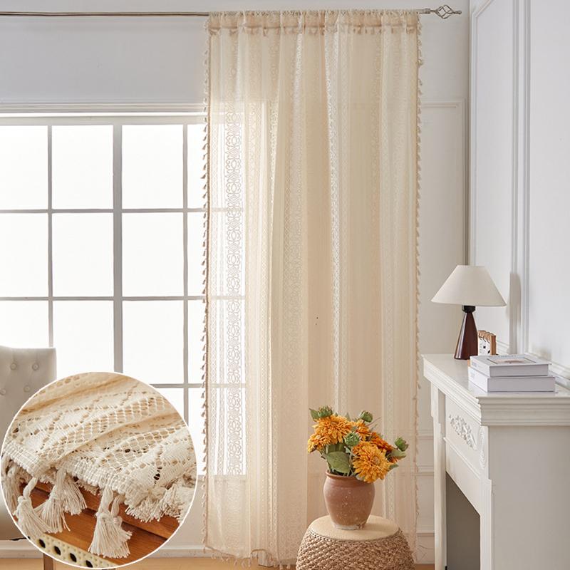 Vintage Curtain Rod Cotton Linen Curtain Tassel Beige Living Room Balcony Sheer Curtain