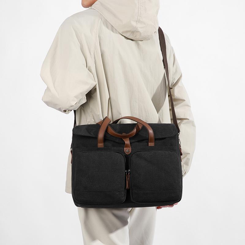 Commuter Handbag Multi-Pocket Men's Bag Large Capacity Crossbody Briefcase Solid Color Canvas Shoulder Bag