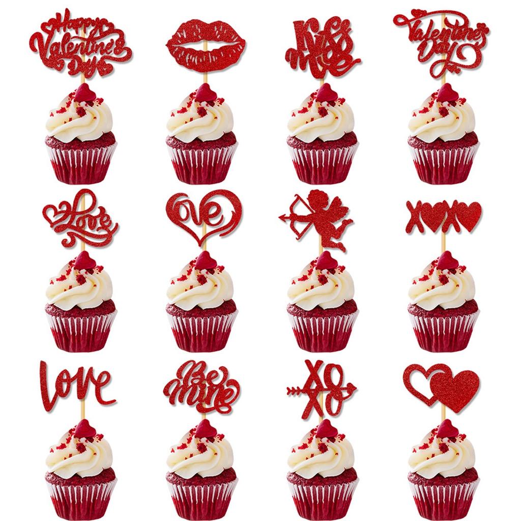 Happy Valentine's Day Cupcake Glitter Love Lips I Love Is My Cupcake Valentine's Day Choice Theme Wedding Party Cake Decoration Red Supplies