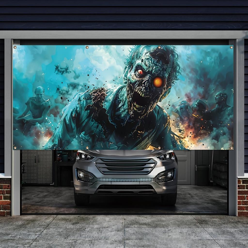 En stor utomhus bullrig zombiegrafik Halloween garageportbanner, festlig polyesterväggdekoration,zyc