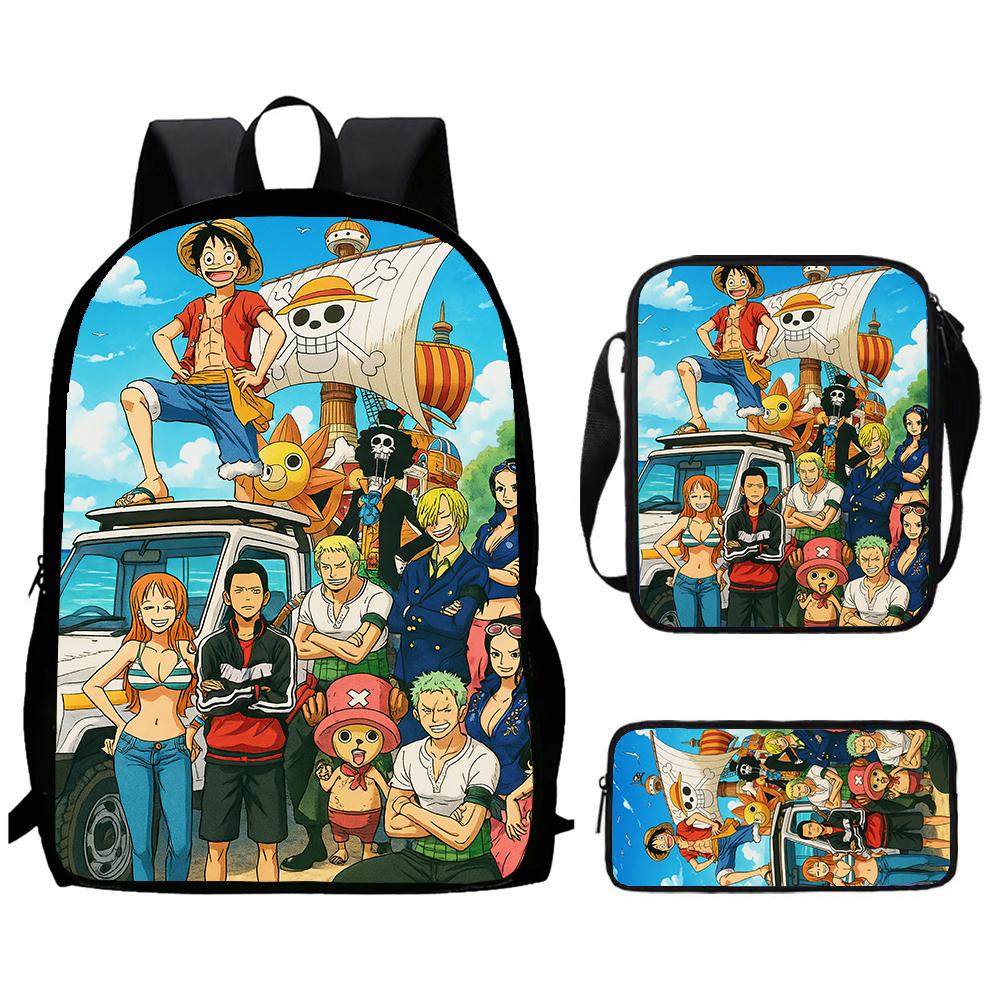 Cartoon One Piece 3pcs Lightweight Durable School Backpack with Crossbody Bag Pencil Case for Boys Girls Age 6-10 Primary School