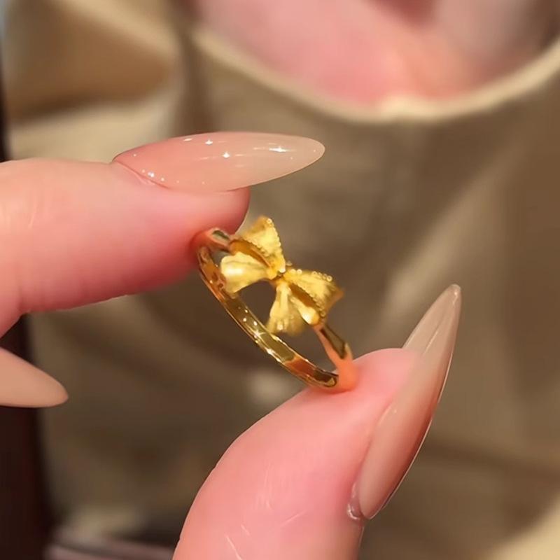 

Glossy Simple brushed bowknot Female Ring antique gold craftsm sweet style fashion charm ring party fine gift resizable золотий