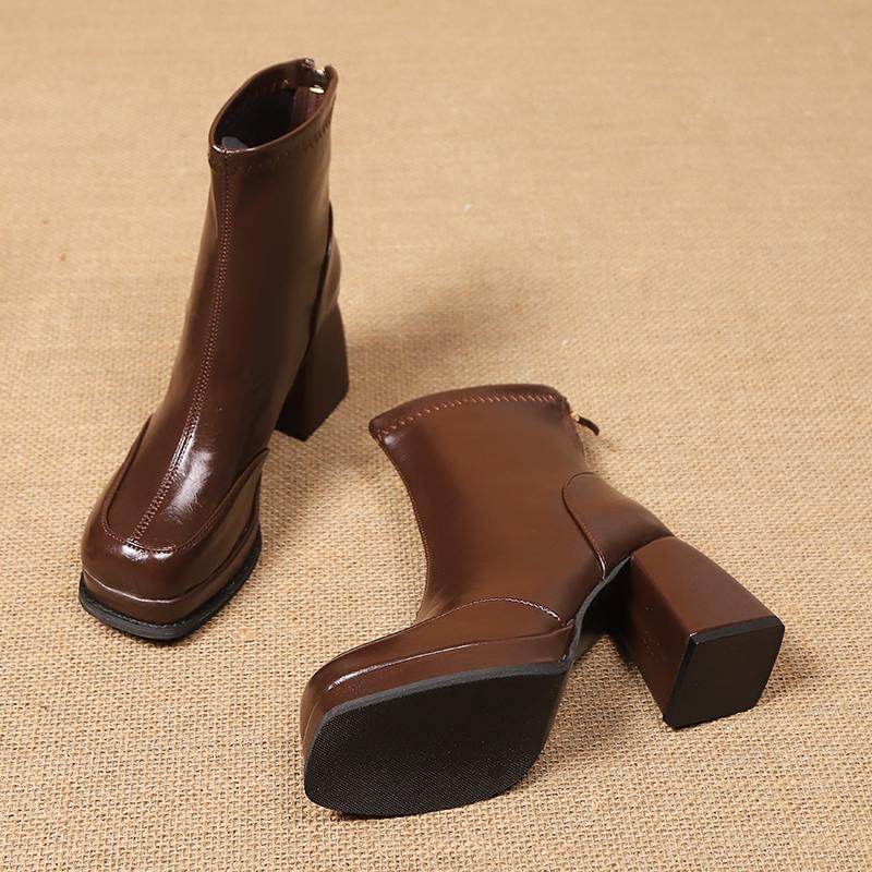 Winter New Thick Heel Cotton Boots Women'S Fashion Square Head Thick Sole Back Zipper Anti-Slip Wear-Resistant Short Boots