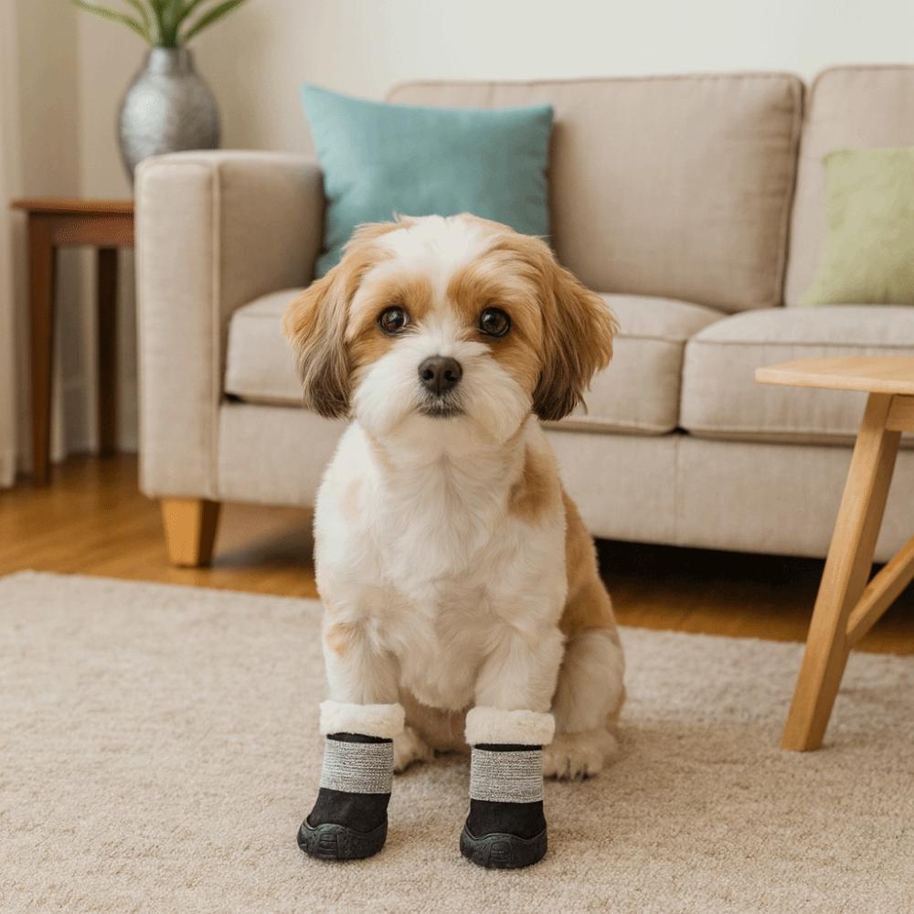 4pcs/set Warm Non-Slip Dog Shoes Soft Sole Wear-Resistant Dog Cotton Shoes Thick Plush Breathable Dog Rain Boots Rain Snow Day