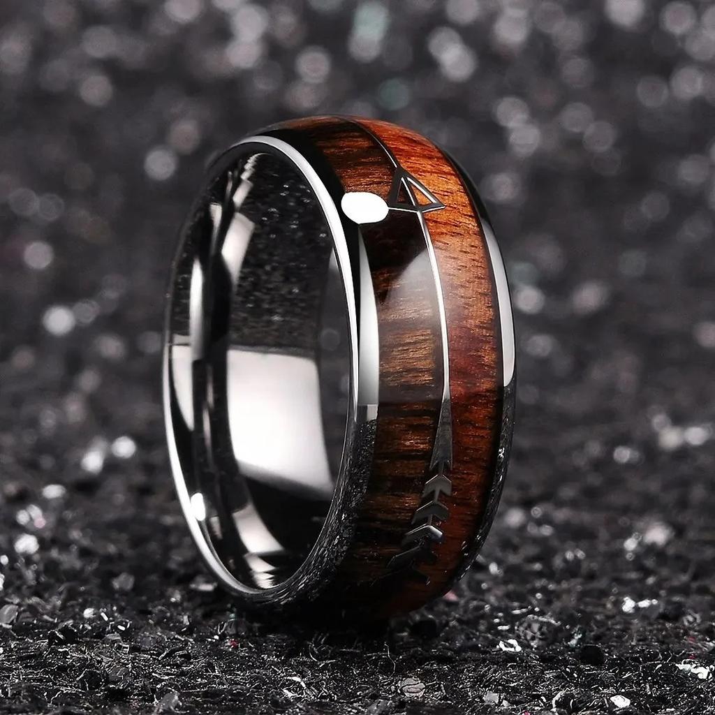 Fashion 8mm Copper Color Stainless Steel Arrow Rings for Men Women Inlaid Hawaiian Koa Wood Rings Men Wedding Band Jewelry Gifts