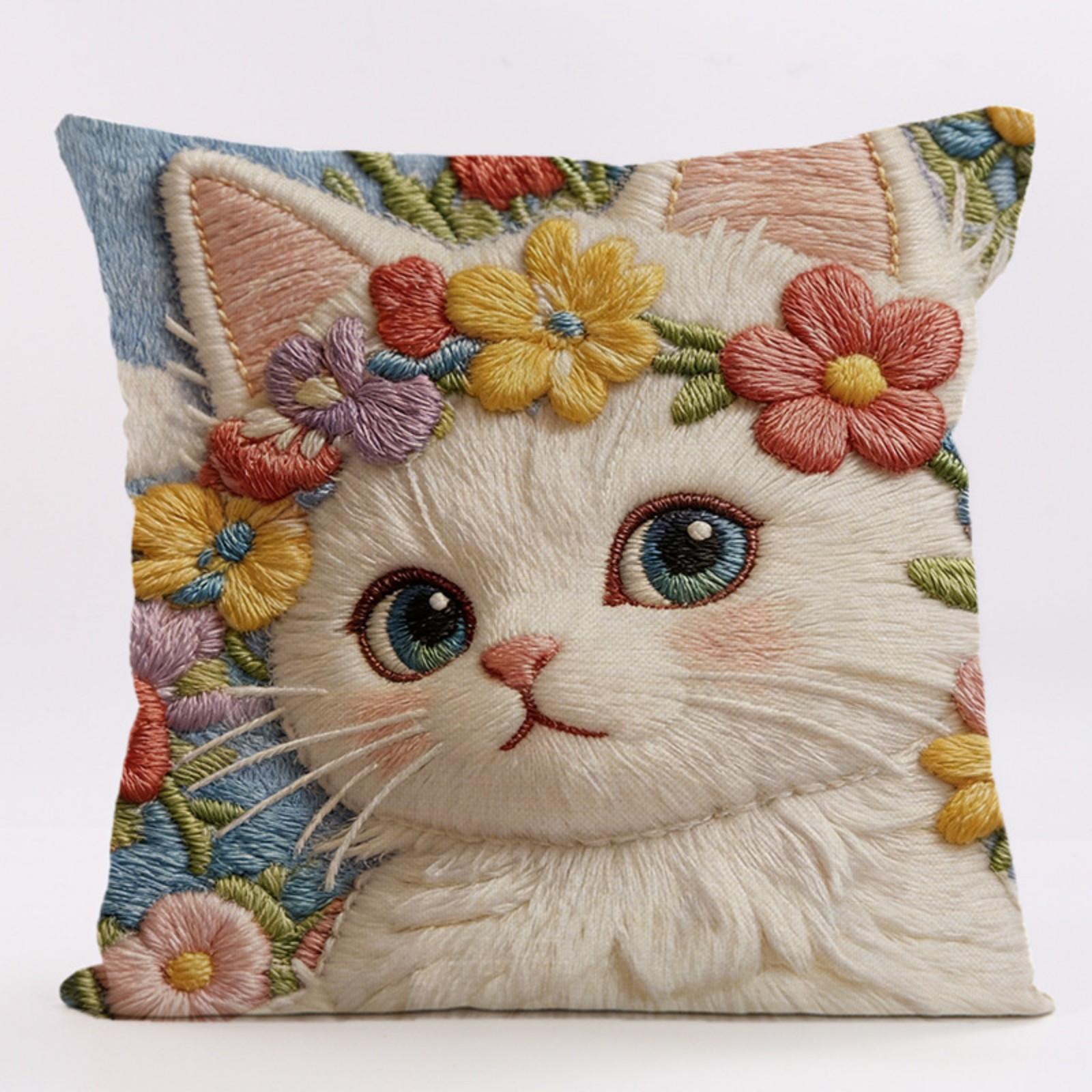 

Breathable Linen 3D Embroidered Alpaca and Cat Pattern Cushion Cover Home Sofa Decorative Throw Pillow Case with Zipper Closure one size