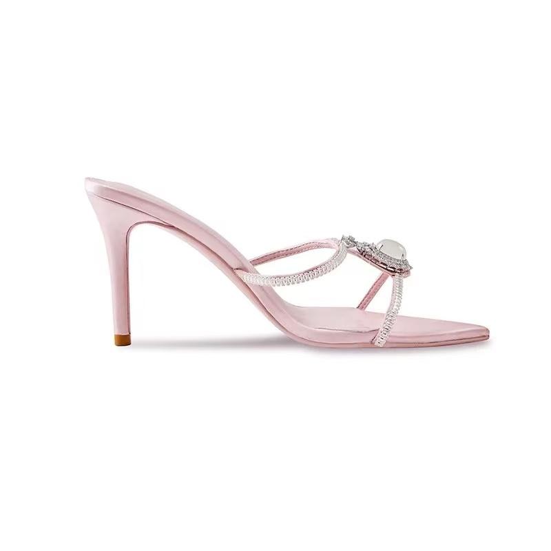Fashion Luxury Rhinestones Gem Narrow band Women Slipper Sandals Elegant Pointed toe Thin High heels Mules Slides Fashion Party Shoes