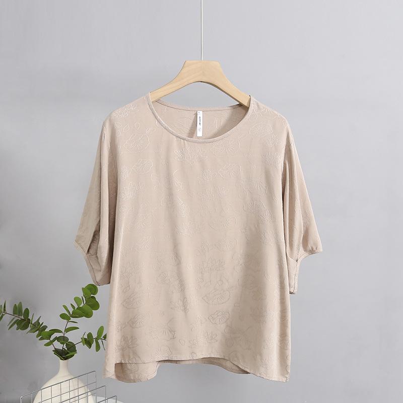 

2025 Cotton & Rayon Jacquard Women s Short Sleeve Round Neck Loose T-Shirt - Spring/Summer Fashion L up to 135 jin абрикосовый