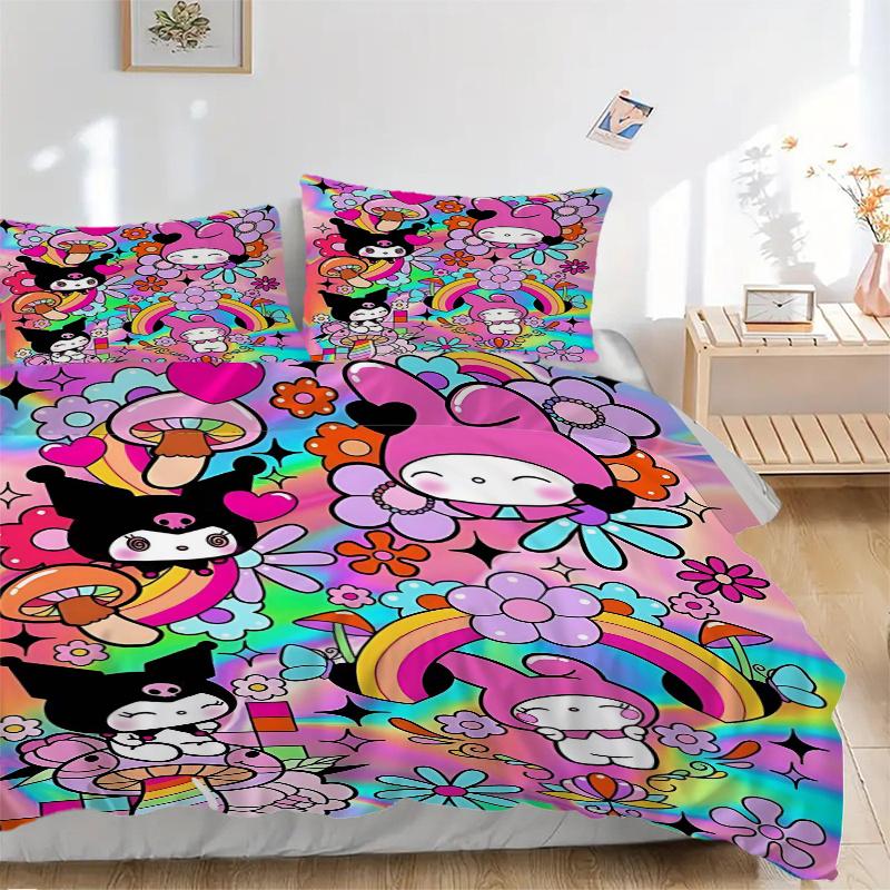 3pcs My Melody Kuromi and Friends Print Bedding Set (Without Inserts), This Printed Bedding Set is Soft and Comfortable H075 135x200cm