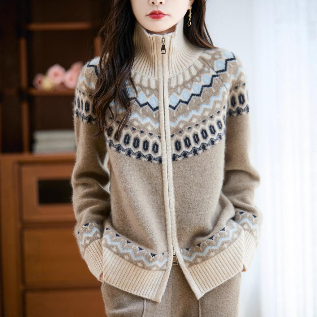 Retro Double Zipper Thick Floral Blouse for Winter, A Warm Sweater Coat for Women