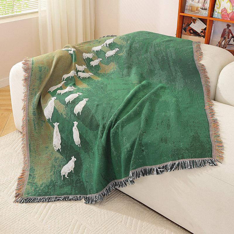 Grassland Sheep Tassel Blanket Home Decoration Sofa Towel Outdoor Camping Blanket Tapestry Oil Painting Style Throw Blanket