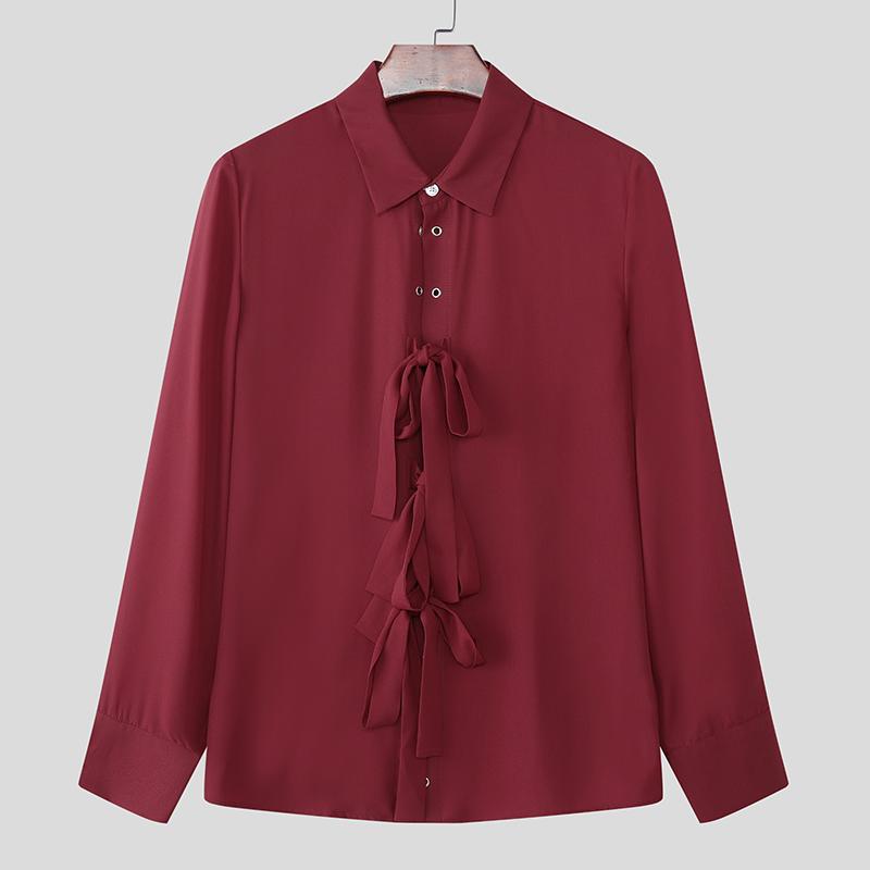 

INCERUN Men Lapel Neck Long Sleeve Front Bow Knot Hollow Casual Shirts 5XL красный