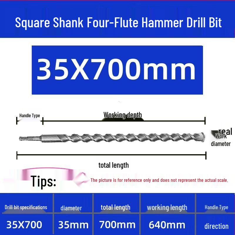 Extended Electric Hammer Drill Bit, Square & Round Shank, for Concrete Piercing - Available in 500mm to 2m Lengths