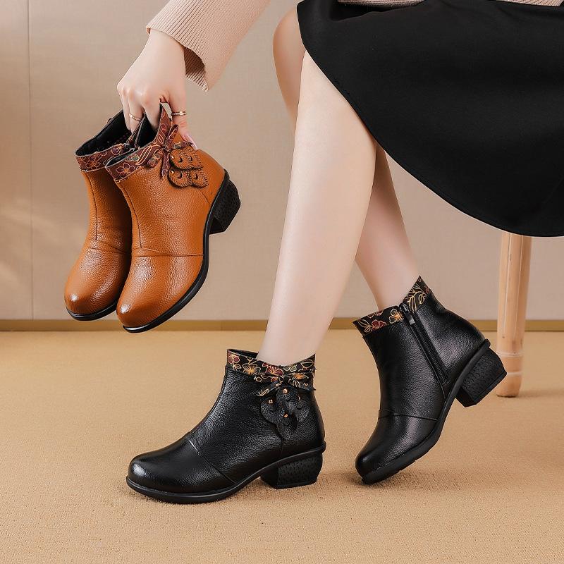 Johnature Genuine Leather Shoes Retro Ethnic Style Thick Heel Versatile Women's Short Boots