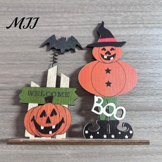Halloween Spring Bat Sign Wooden Table Sign, Spooky Skeleton Pumpkin Ghost Centerpiece Solid Wood Ornament for Home, Shelf, Desk, Mantel, Tabletop,
