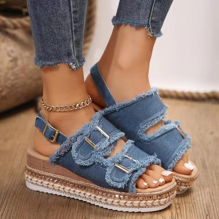 Moda Kadın Kalın Platform Kamalı Sandaletler Kadın Yaz Mavi Kot Plaj Sandaletler Kadın Bilek Askılı Yüksek Topuklu Sandaletler Büyük Beden 42