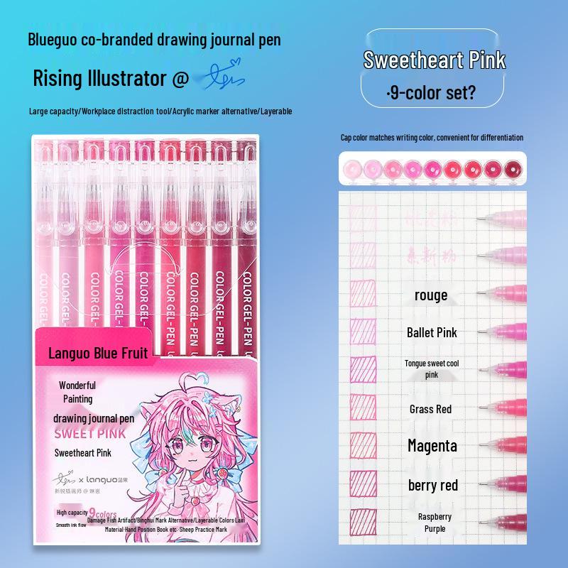 Blue Fruit Nine-Color Gel Journal Pens for Students - Doodle, Color, and Highlight with Fluorescent Markers