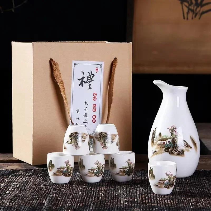 7Pcs/set Ceramics Japanese Style Sake Pot Cups Home Kitchen Drinkware Traditional Ceramic Cups Crafts Wine Glasses Gift Box