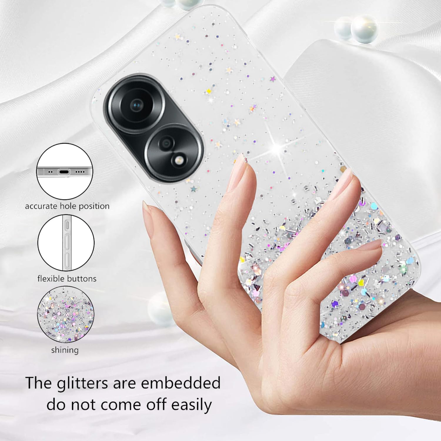 

Чехол для OPPO A78 A58 A18 A38 A79 4G A98 A96 A76 A16 A15 A57 A77 5G Reno 10 Pro 8 7 Lite 6, прозрачный блестящий блестящий силиконовый мягкий тонкий чехол OPPO Reno 10 5G чистый