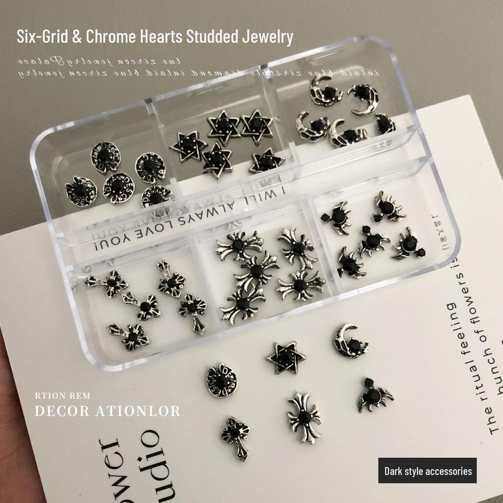 Dark Chrome Heart Nail Accessories: Rhinestone Cross, Star & Moon Alloy Gems