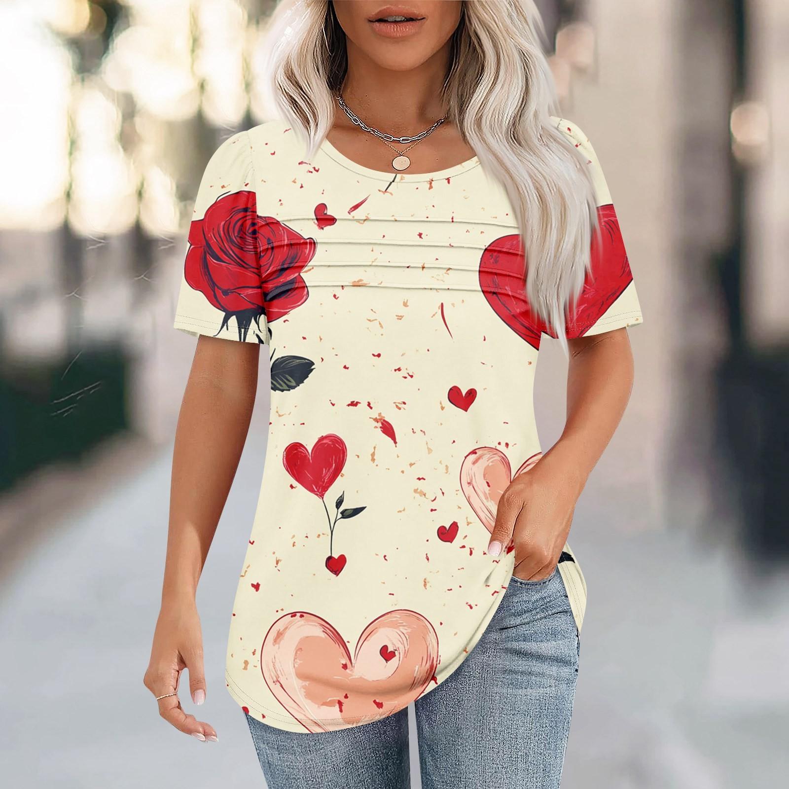 

Женский топ с короткими рукавами и круглым вырезом, с принтом в виде сердечек ко Дню святого Валентина, плиссированный L бежевый